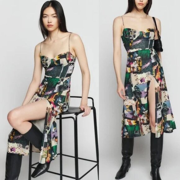 Reformation Juliette Decoupage Mixed Media Print Black Midi Dress‎ Size 12 - Picture 1 of 11